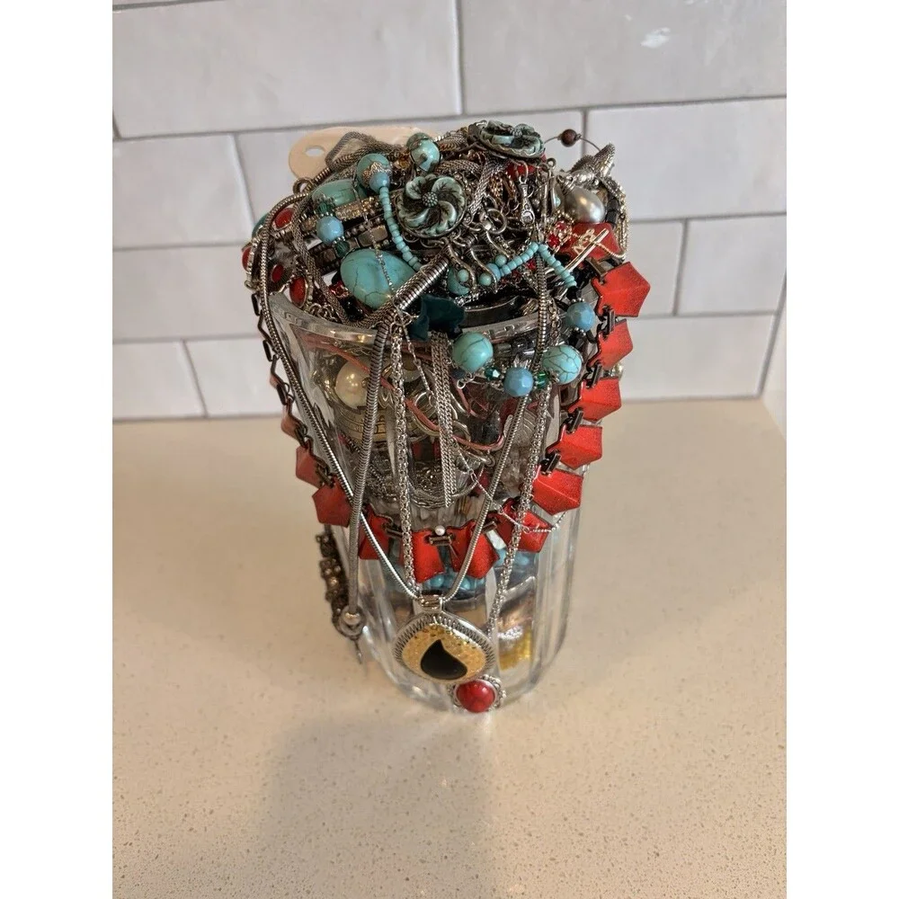 LARGE VTG Native Boho Mystery Jewelry Jar Turquoise Silver Gold Tone Bead